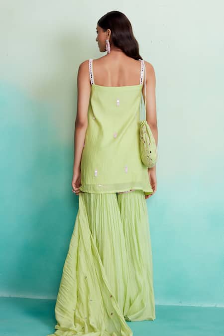 Shop The Right Cut Green Chanderi Embroidery, Mirrors Square Limefinity Hand Kurta Sharara Set at Aza Fashions Shop_The Right Cut_Green Chanderi Embroidery, Mirrors Square Limefinity Hand Kurta Sharara Set _at_Aza_Fashions