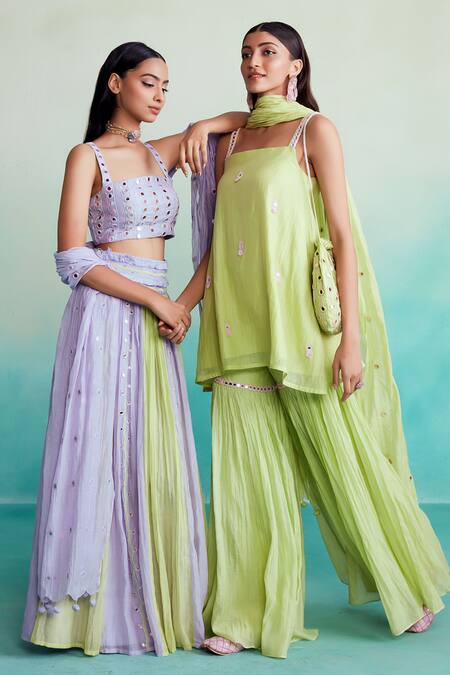 The Right Cut Green Chanderi Embroidery, Mirrors Square Limefinity Hand Kurta Sharara Set Online at Aza Fashions The Right Cut_Green Chanderi Embroidery, Mirrors Square Limefinity Hand Kurta Sharara Set _Online_at_Aza_Fashions