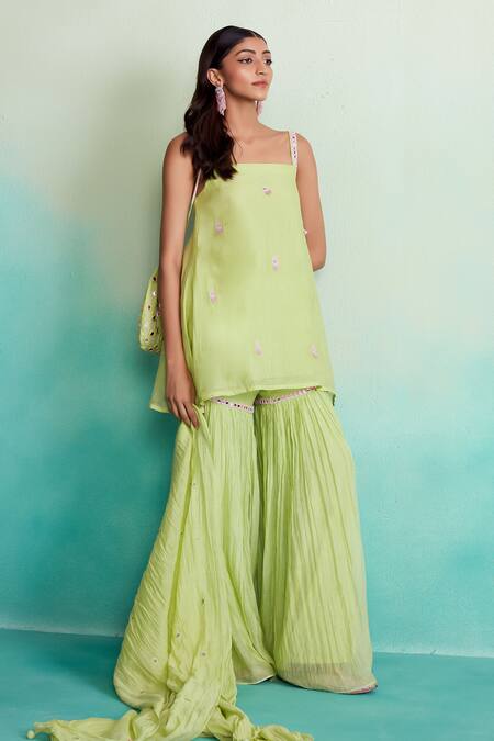 Buy The Right Cut Green Chanderi Embroidery, Mirrors Square Limefinity Hand Kurta Sharara Set Online at Aza Fashions Buy_The Right Cut_Green Chanderi Embroidery, Mirrors Square Limefinity Hand Kurta Sharara Set _Online_at_Aza_Fashions