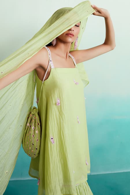 The Right Cut Green Chanderi Embroidery, Mirrors Square Limefinity Hand Kurta Sharara Set at Aza Fashions The Right Cut_Green Chanderi Embroidery, Mirrors Square Limefinity Hand Kurta Sharara Set _at_Aza_Fashions