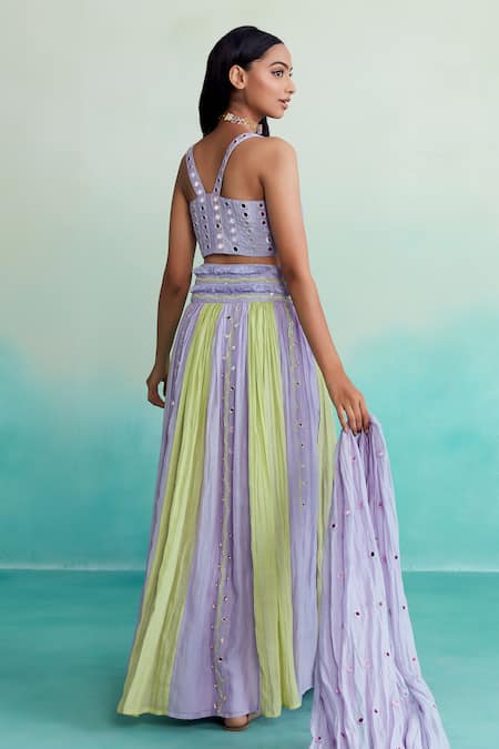 Shop The Right Cut Purple Chanderi, Linen Mirrors Square Neck Amaya Hand Embroidered Lehenga Set at Aza Fashions Shop_The Right Cut_Purple Chanderi, Linen Mirrors Square Neck Amaya Hand Embroidered Lehenga Set _at_Aza_Fashions