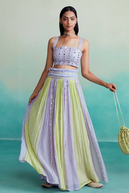 The Right Cut Purple Chanderi, Linen Mirrors Square Neck Amaya Hand Embroidered Lehenga Set Online at Aza Fashions The Right Cut_Purple Chanderi, Linen Mirrors Square Neck Amaya Hand Embroidered Lehenga Set _Online_at_Aza_Fashions