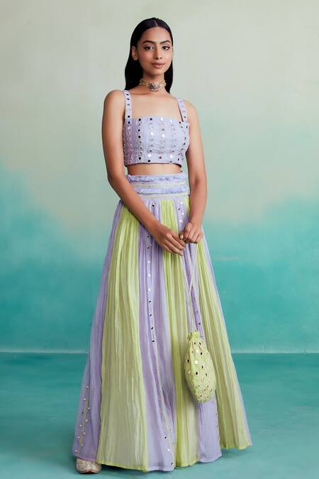 Shop The Right Cut Purple Chanderi, Linen Mirrors Square Neck Amaya Hand Embroidered Lehenga Set Online at Aza Fashions Shop_The Right Cut_Purple Chanderi, Linen Mirrors Square Neck Amaya Hand Embroidered Lehenga Set _Online_at_Aza_Fashions