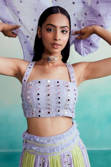 The Right Cut Purple Chanderi, Linen Mirrors Square Neck Amaya Hand Embroidered Lehenga Set at Aza Fashions The Right Cut_Purple Chanderi, Linen Mirrors Square Neck Amaya Hand Embroidered Lehenga Set _at_Aza_Fashions