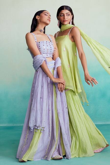 Buy The Right Cut Purple Chanderi, Linen Mirrors Square Neck Amaya Hand Embroidered Lehenga Set Buy_The Right Cut_Purple Chanderi, Linen Mirrors Square Neck Amaya Hand Embroidered Lehenga Set