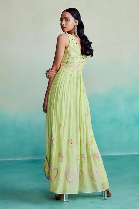 Shop The Right Cut Green Chanderi Embroidery, Mirrors V-neck Citrine Hand Jumpsuit at Aza Fashions Shop_The Right Cut_Green Chanderi Embroidery, Mirrors V-neck Citrine Hand Jumpsuit _at_Aza_Fashions