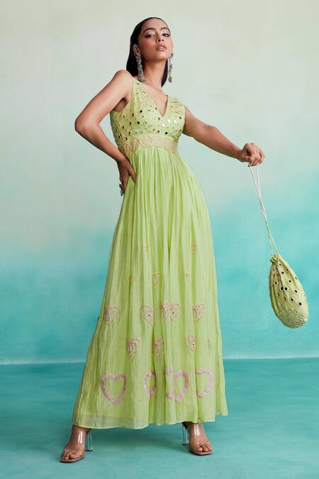 Buy The Right Cut Green Chanderi Embroidery, Mirrors V-neck Citrine Hand Jumpsuit Online at Aza Fashions Buy_The Right Cut_Green Chanderi Embroidery, Mirrors V-neck Citrine Hand Jumpsuit _Online_at_Aza_Fashions