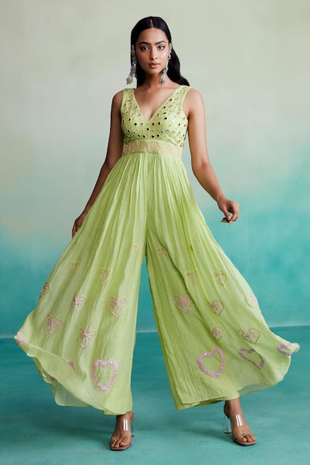 Shop The Right Cut Green Chanderi Embroidery, Mirrors V-neck Citrine Hand Jumpsuit Online at Aza Fashions Shop_The Right Cut_Green Chanderi Embroidery, Mirrors V-neck Citrine Hand Jumpsuit _Online_at_Aza_Fashions