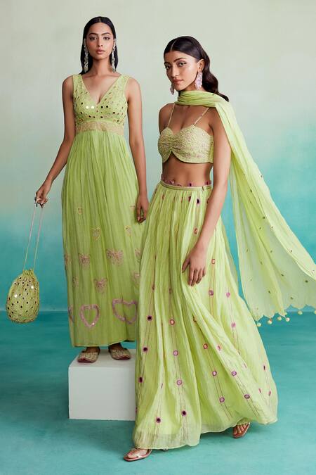 The Right Cut Green Chanderi Embroidery, Mirrors V-neck Citrine Hand Jumpsuit at Aza Fashions The Right Cut_Green Chanderi Embroidery, Mirrors V-neck Citrine Hand Jumpsuit _at_Aza_Fashions