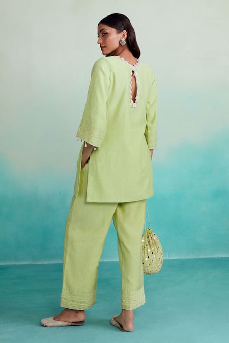 Shop The Right Cut Green Chanderi Mirrors, Embroidery High Neck Citrina Hand Kurta And Pant Set at Aza Fashions Shop_The Right Cut_Green Chanderi Mirrors, Embroidery High Neck Citrina Hand Kurta And Pant Set _at_Aza_Fashions
