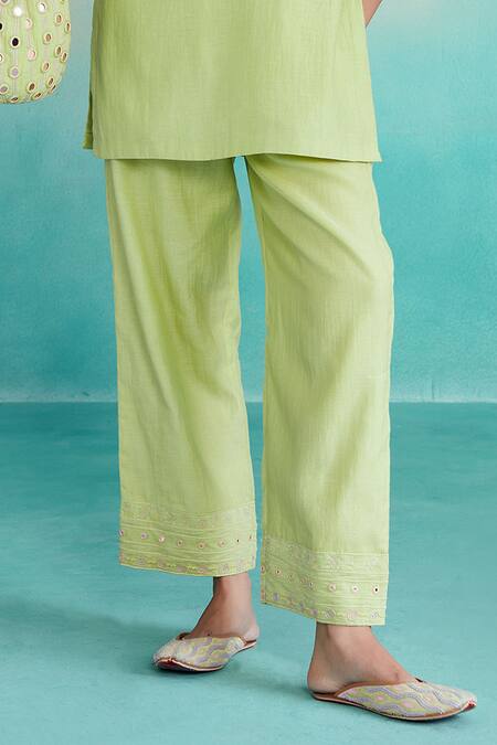 Buy The Right Cut Green Chanderi Mirrors, Embroidery High Neck Citrina Hand Kurta And Pant Set Online at Aza Fashions Buy_The Right Cut_Green Chanderi Mirrors, Embroidery High Neck Citrina Hand Kurta And Pant Set _Online_at_Aza_Fashions