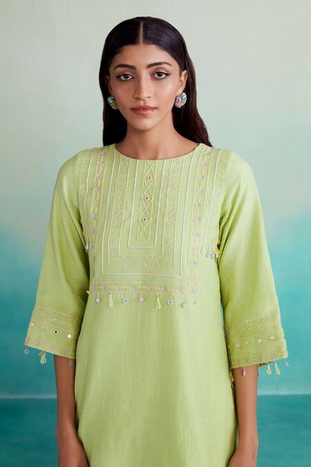 The Right Cut Green Chanderi Mirrors, Embroidery High Neck Citrina Hand Kurta And Pant Set at Aza Fashions The Right Cut_Green Chanderi Mirrors, Embroidery High Neck Citrina Hand Kurta And Pant Set _at_Aza_Fashions