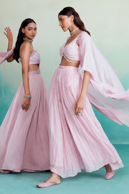 The Right Cut_Pink Chanderi Embroidery, Mirrors Keyhole Neck Hand Cape Sharara Set _Online_at_Aza_Fashions