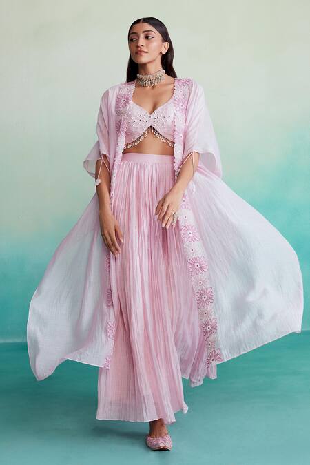 Buy_The Right Cut_Pink Chanderi Embroidery, Mirrors Keyhole Neck Hand Cape Sharara Set _Online_at_Aza_Fashions