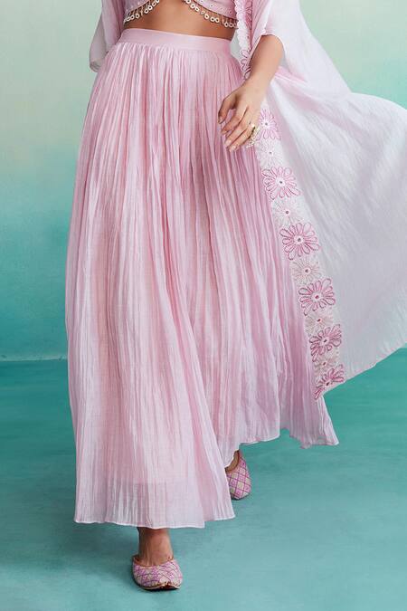 Shop_The Right Cut_Pink Chanderi Embroidery, Mirrors Keyhole Neck Hand Cape Sharara Set _Online_at_Aza_Fashions