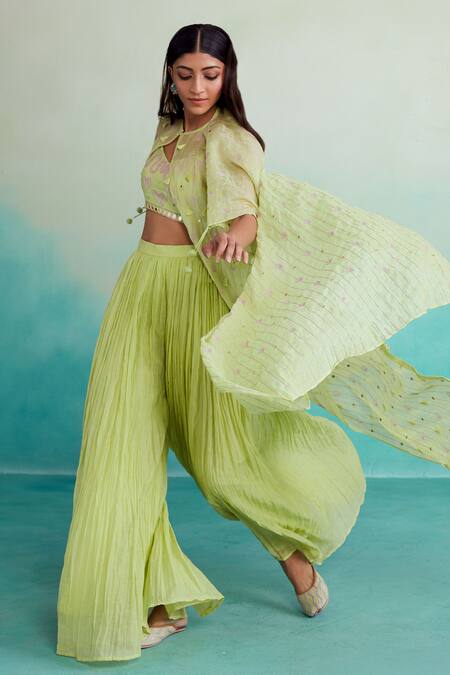 The Right Cut_Green Chanderi, Linen Embroidery, Mirrors Citra Hand Cape Sharara Set _Online_at_Aza_Fashions