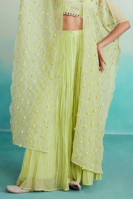 Buy_The Right Cut_Green Chanderi, Linen Embroidery, Mirrors Citra Hand Cape Sharara Set _Online_at_Aza_Fashions