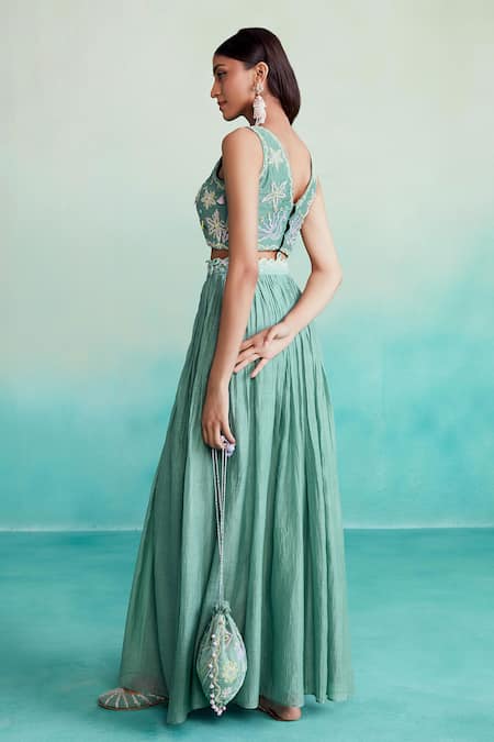 Shop The Right Cut Green Chanderi, Linen Embroidery, Mirrors V-neck Nilaya Hand Blouse Lehenga Set at Aza Fashions Shop_The Right Cut_Green Chanderi, Linen Embroidery, Mirrors V-neck Nilaya Hand Blouse Lehenga Set _at_Aza_Fashions