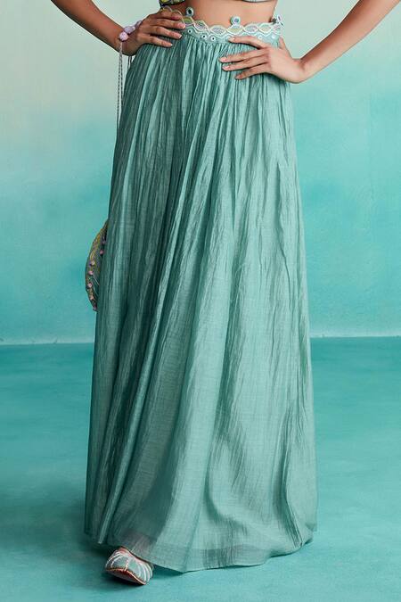 The Right Cut Green Chanderi, Linen Embroidery, Mirrors V-neck Nilaya Hand Blouse Lehenga Set Online at Aza Fashions The Right Cut_Green Chanderi, Linen Embroidery, Mirrors V-neck Nilaya Hand Blouse Lehenga Set _Online_at_Aza_Fashions