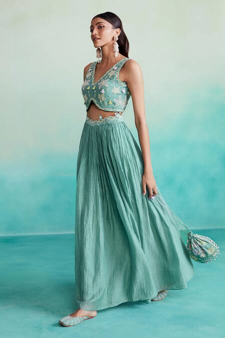 Buy The Right Cut Green Chanderi, Linen Embroidery, Mirrors V-neck Nilaya Hand Blouse Lehenga Set Online at Aza Fashions Buy_The Right Cut_Green Chanderi, Linen Embroidery, Mirrors V-neck Nilaya Hand Blouse Lehenga Set _Online_at_Aza_Fashions