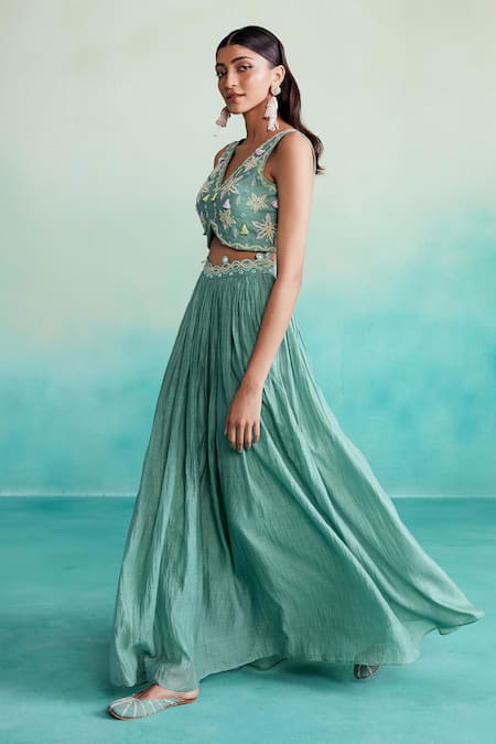Shop The Right Cut Green Chanderi, Linen Embroidery, Mirrors V-neck Nilaya Hand Blouse Lehenga Set Online at Aza Fashions Shop_The Right Cut_Green Chanderi, Linen Embroidery, Mirrors V-neck Nilaya Hand Blouse Lehenga Set _Online_at_Aza_Fashions