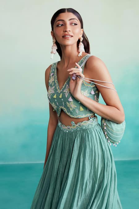 The Right Cut Green Chanderi, Linen Embroidery, Mirrors V-neck Nilaya Hand Blouse Lehenga Set at Aza Fashions The Right Cut_Green Chanderi, Linen Embroidery, Mirrors V-neck Nilaya Hand Blouse Lehenga Set _at_Aza_Fashions