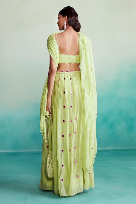 Shop The Right Cut Green Chanderi, Linen Embroidery, Mirrors Citrus Hand Blouse Lehenga Set at Aza Fashions Shop_The Right Cut_Green Chanderi, Linen Embroidery, Mirrors Citrus Hand Blouse Lehenga Set _at_Aza_Fashions