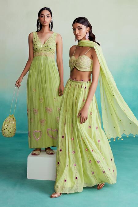 The Right Cut Green Chanderi, Linen Embroidery, Mirrors Citrus Hand Blouse Lehenga Set Online at Aza Fashions The Right Cut_Green Chanderi, Linen Embroidery, Mirrors Citrus Hand Blouse Lehenga Set _Online_at_Aza_Fashions