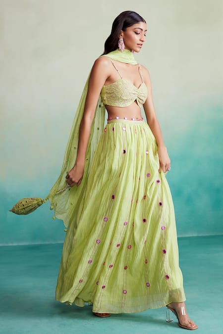 Buy The Right Cut Green Chanderi, Linen Embroidery, Mirrors Citrus Hand Blouse Lehenga Set Online at Aza Fashions Buy_The Right Cut_Green Chanderi, Linen Embroidery, Mirrors Citrus Hand Blouse Lehenga Set _Online_at_Aza_Fashions