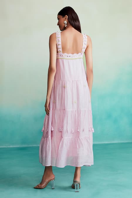 Shop The Right Cut Pink Chanderi Mirrors, Embroidery Square Neck Blossom Hand Dress at Aza Fashions Shop_The Right Cut_Pink Chanderi Mirrors, Embroidery Square Neck Blossom Hand Dress _at_Aza_Fashions