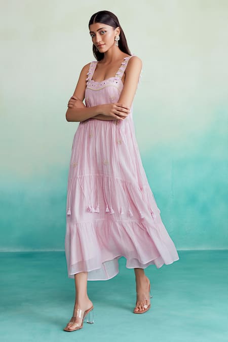 The Right Cut Pink Chanderi Mirrors, Embroidery Square Neck Blossom Hand Dress Online at Aza Fashions The Right Cut_Pink Chanderi Mirrors, Embroidery Square Neck Blossom Hand Dress _Online_at_Aza_Fashions