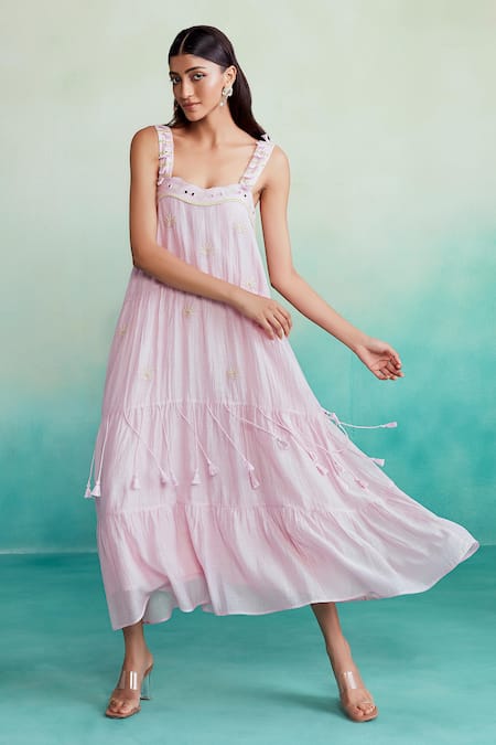 Buy The Right Cut Pink Chanderi Mirrors, Embroidery Square Neck Blossom Hand Dress Online at Aza Fashions Buy_The Right Cut_Pink Chanderi Mirrors, Embroidery Square Neck Blossom Hand Dress _Online_at_Aza_Fashions