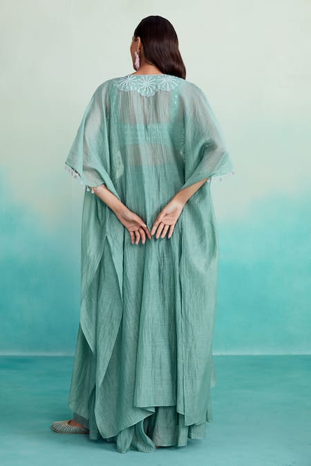 Shop The Right Cut Green Chanderi Mirrors, Embroidery Sweetheart Neck Zephyr Hand Cape Sharara Set at Aza Fashions Shop_The Right Cut_Green Chanderi Mirrors, Embroidery Sweetheart Neck Zephyr Hand Cape Sharara Set _at_Aza_Fashions