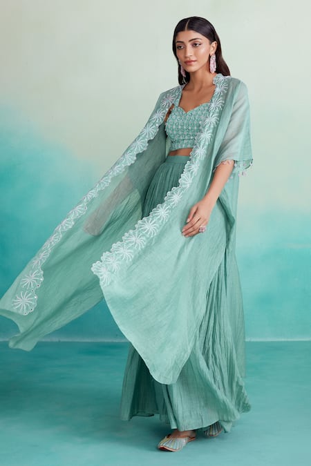 The Right Cut Green Chanderi Mirrors, Embroidery Sweetheart Neck Zephyr Hand Cape Sharara Set Online at Aza Fashions The Right Cut_Green Chanderi Mirrors, Embroidery Sweetheart Neck Zephyr Hand Cape Sharara Set _Online_at_Aza_Fashions