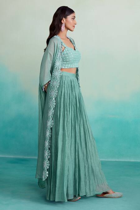 Buy The Right Cut Green Chanderi Mirrors, Embroidery Sweetheart Neck Zephyr Hand Cape Sharara Set Online at Aza Fashions Buy_The Right Cut_Green Chanderi Mirrors, Embroidery Sweetheart Neck Zephyr Hand Cape Sharara Set _Online_at_Aza_Fashions