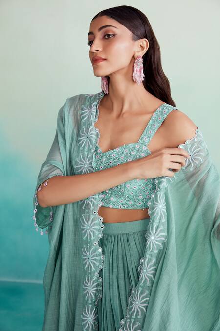Shop The Right Cut Green Chanderi Mirrors, Embroidery Sweetheart Neck Zephyr Hand Cape Sharara Set Online at Aza Fashions Shop_The Right Cut_Green Chanderi Mirrors, Embroidery Sweetheart Neck Zephyr Hand Cape Sharara Set _Online_at_Aza_Fashions