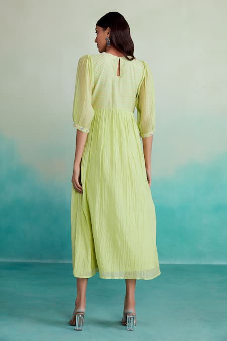 Shop The Right Cut Green Chanderi Embroidery V-neck Vivid Bodice Dress at Aza Fashions Shop_The Right Cut_Green Chanderi Embroidery V-neck Vivid Bodice Dress _at_Aza_Fashions