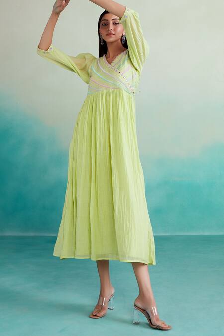 Buy The Right Cut Green Chanderi Embroidery V-neck Vivid Bodice Dress Online at Aza Fashions Buy_The Right Cut_Green Chanderi Embroidery V-neck Vivid Bodice Dress _Online_at_Aza_Fashions