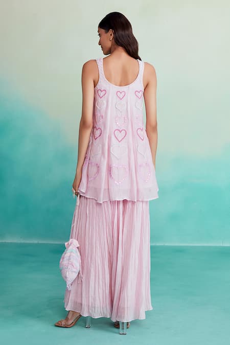 Shop The Right Cut Pink Chanderi Embroidery, Mirrors Round Neck Rosette Hand Kurta And Sharara Set at Aza Fashions Shop_The Right Cut_Pink Chanderi Embroidery, Mirrors Round Neck Rosette Hand Kurta And Sharara Set _at_Aza_Fashions