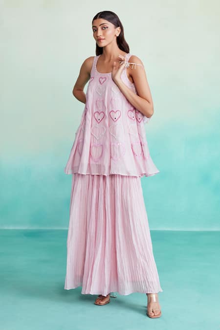 The Right Cut Pink Chanderi Embroidery, Mirrors Round Neck Rosette Hand Kurta And Sharara Set Online at Aza Fashions The Right Cut_Pink Chanderi Embroidery, Mirrors Round Neck Rosette Hand Kurta And Sharara Set _Online_at_Aza_Fashions