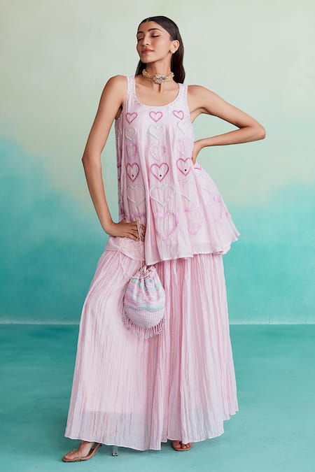 Buy The Right Cut Pink Chanderi Embroidery, Mirrors Round Neck Rosette Hand Kurta And Sharara Set Online at Aza Fashions Buy_The Right Cut_Pink Chanderi Embroidery, Mirrors Round Neck Rosette Hand Kurta And Sharara Set _Online_at_Aza_Fashions