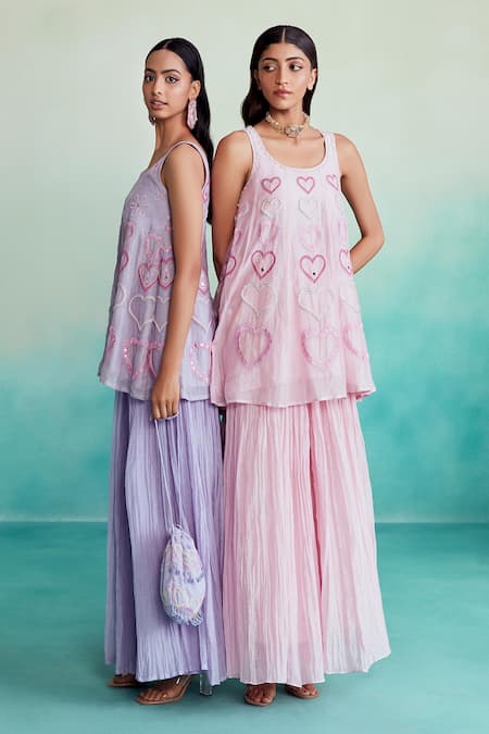 The Right Cut Pink Chanderi Embroidery, Mirrors Round Neck Rosette Hand Kurta And Sharara Set at Aza Fashions The Right Cut_Pink Chanderi Embroidery, Mirrors Round Neck Rosette Hand Kurta And Sharara Set _at_Aza_Fashions