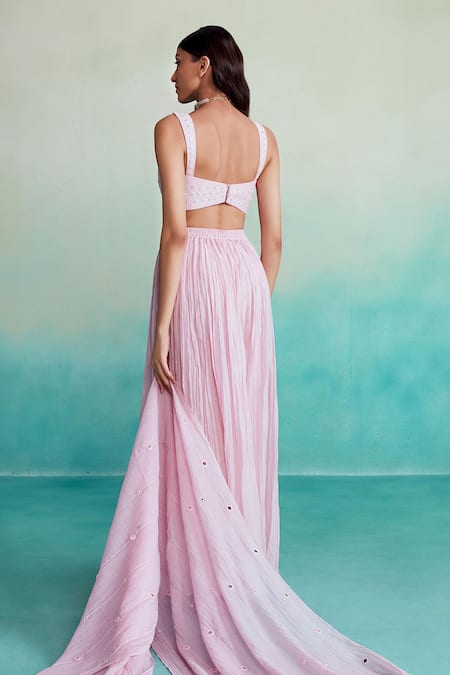 Shop The Right Cut Pink Chanderi Embroidery, Mirrors Asymmetric Hand Blouse Sharara Set at Aza Fashions Shop_The Right Cut_Pink Chanderi Embroidery, Mirrors Asymmetric Hand Blouse Sharara Set _at_Aza_Fashions