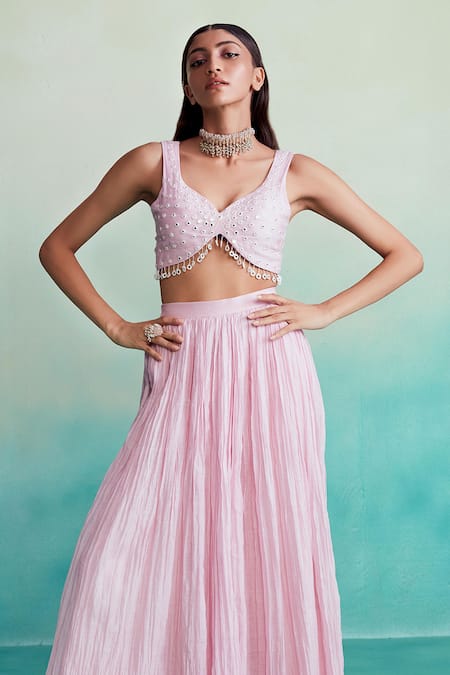 The Right Cut Pink Chanderi Embroidery, Mirrors Asymmetric Hand Blouse Sharara Set Online at Aza Fashions The Right Cut_Pink Chanderi Embroidery, Mirrors Asymmetric Hand Blouse Sharara Set _Online_at_Aza_Fashions