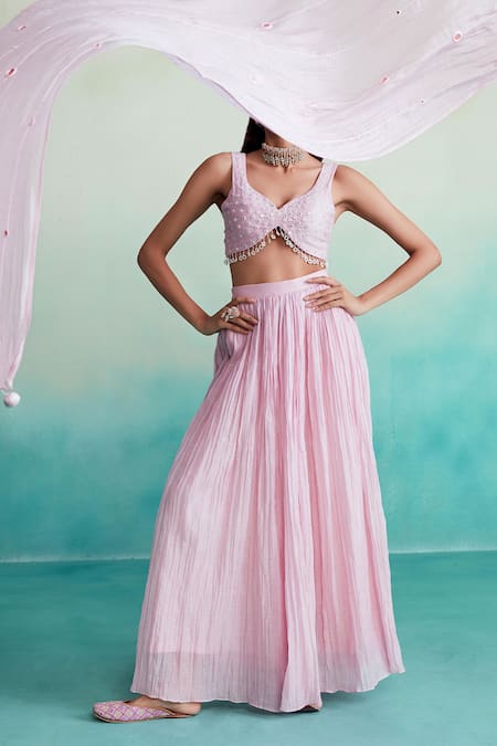 Shop The Right Cut Pink Chanderi Embroidery, Mirrors Asymmetric Hand Blouse Sharara Set Online at Aza Fashions Shop_The Right Cut_Pink Chanderi Embroidery, Mirrors Asymmetric Hand Blouse Sharara Set _Online_at_Aza_Fashions