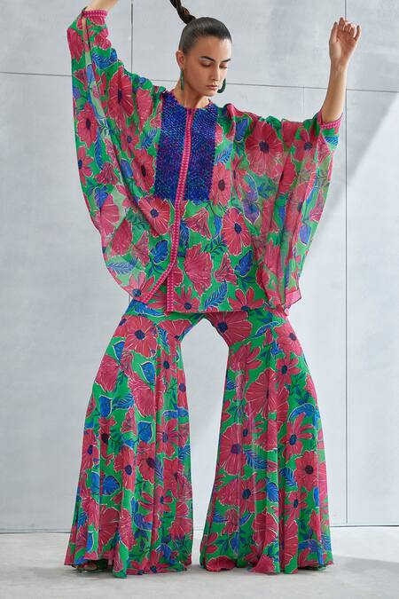 Shop Namrata Joshipura Green Georgette Print Floral Zinnia Flower Bloom Pattern Tunic With Sharara at Aza Fashions Shop_Namrata Joshipura_Green Georgette Print Floral Zinnia Flower Bloom Pattern Tunic With Sharara_at_Aza_Fashions