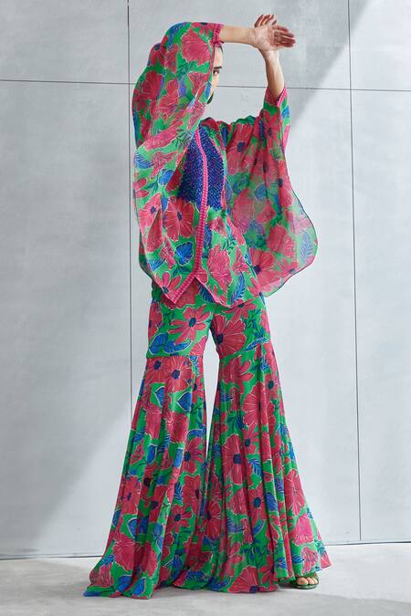 Namrata Joshipura Green Georgette Print Floral Zinnia Flower Bloom Pattern Tunic With Sharara Online at Aza Fashions Namrata Joshipura_Green Georgette Print Floral Zinnia Flower Bloom Pattern Tunic With Sharara_Online_at_Aza_Fashions