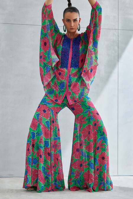 Buy Namrata Joshipura Green Georgette Print Floral Zinnia Flower Bloom Pattern Tunic With Sharara Online at Aza Fashions Buy_Namrata Joshipura_Green Georgette Print Floral Zinnia Flower Bloom Pattern Tunic With Sharara_Online_at_Aza_Fashions