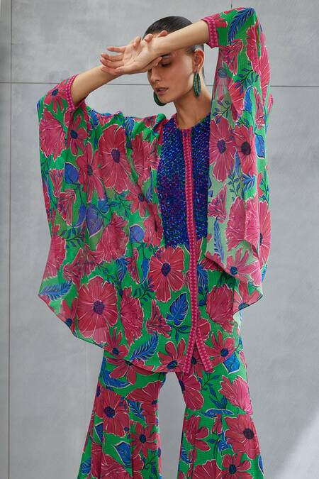 Namrata Joshipura Green Georgette Print Floral Zinnia Flower Bloom Pattern Tunic With Sharara at Aza Fashions Namrata Joshipura_Green Georgette Print Floral Zinnia Flower Bloom Pattern Tunic With Sharara_at_Aza_Fashions