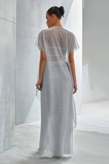 Shop Namrata Joshipura Silver Shimmer Crepe Hand Embellished Sequins Top Scoop Cape And Draped Skirt Set at Aza Fashions Shop_Namrata Joshipura_Silver Shimmer Crepe Hand Embellished Sequins Top Scoop Cape And Draped Skirt Set_at_Aza_Fashions